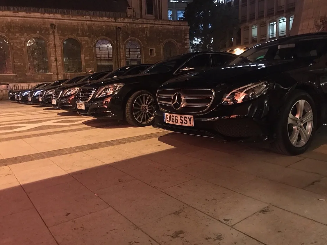 Embassy Cars fleet of black Mercedes lined up