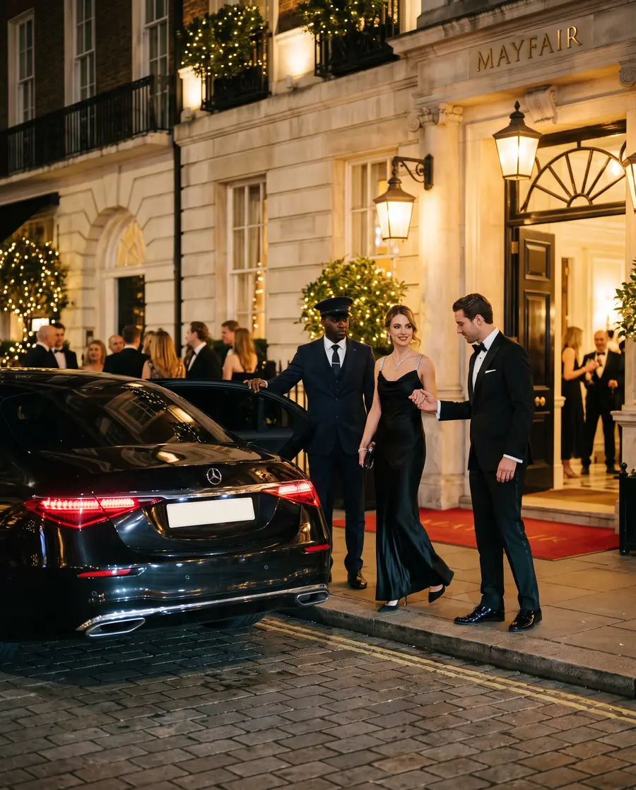 Guests in evening wear arriving by black Mercedes at a Mayfair venue