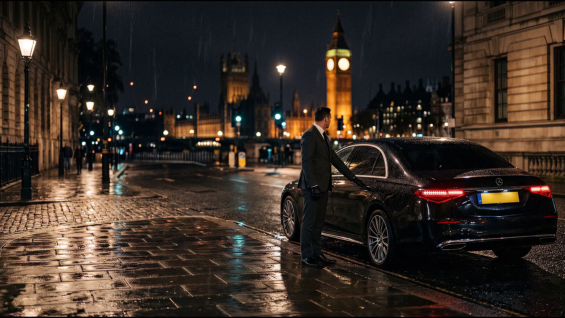 Black Mercedes S Class at night in Westminster with a chauffeur holding the rear door