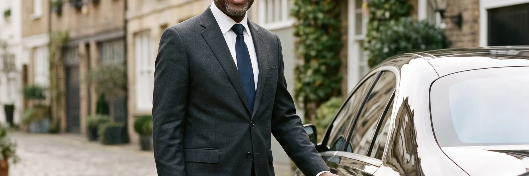 Embassy chauffeur beside a black Mercedes S Class