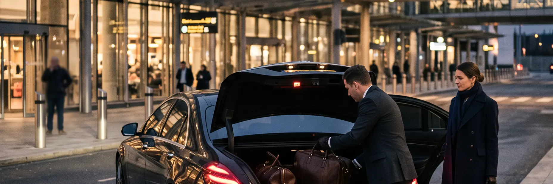 Chauffeur loading luggage into a black Mercedes outside an airport terminal