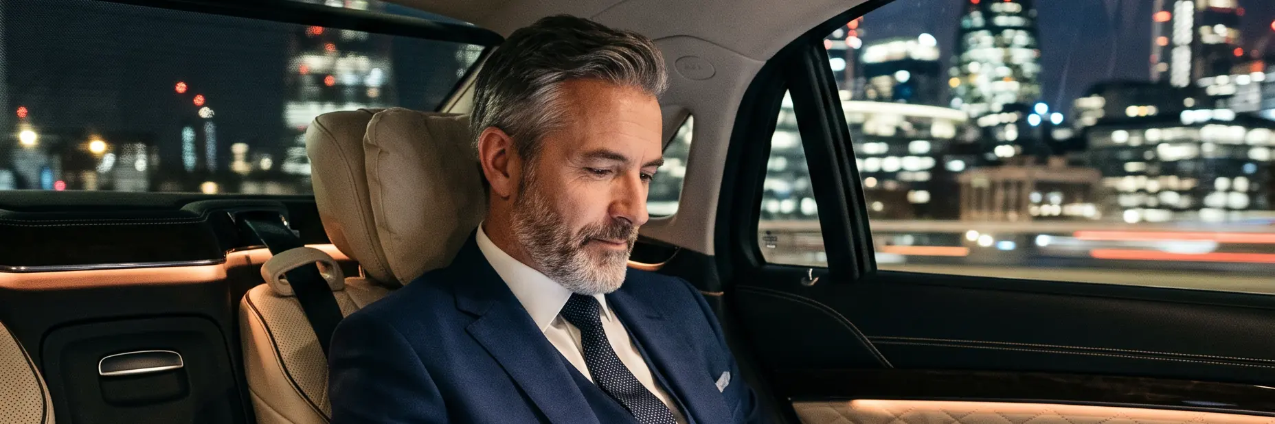 Businessman working in the rear seat of a chauffeur-driven car