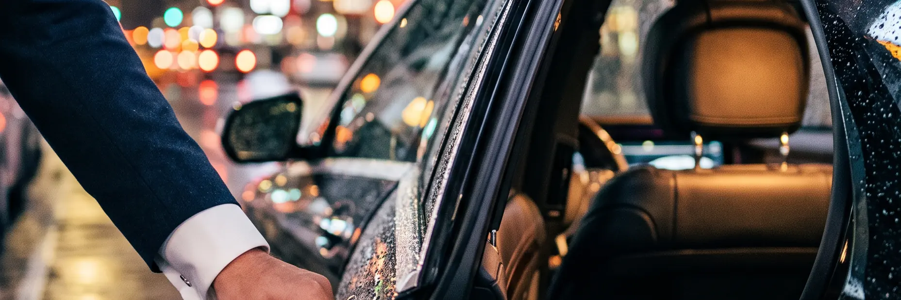 Chauffeur opening the rear door of a black car on a wet London street at night