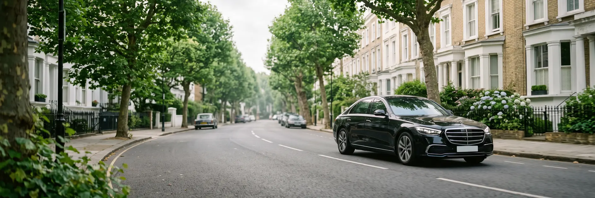 Black Mercedes on a leafy West London street