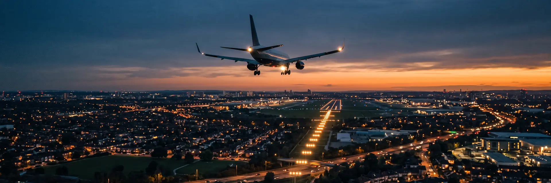 Passenger jet on approach at dusk